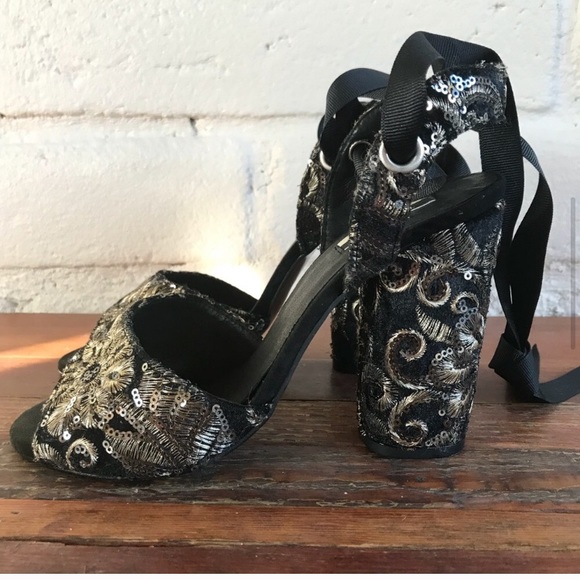 Topshop Rioja Lace Up Sequin Embroidered Heels - Picture 4 of 8